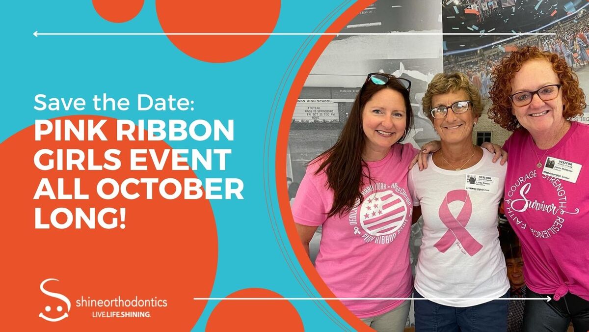 Woman smiling with breast cancer awareness shirts with text "Save the Date: Pink Ribbon Girls Event All October Long!" 